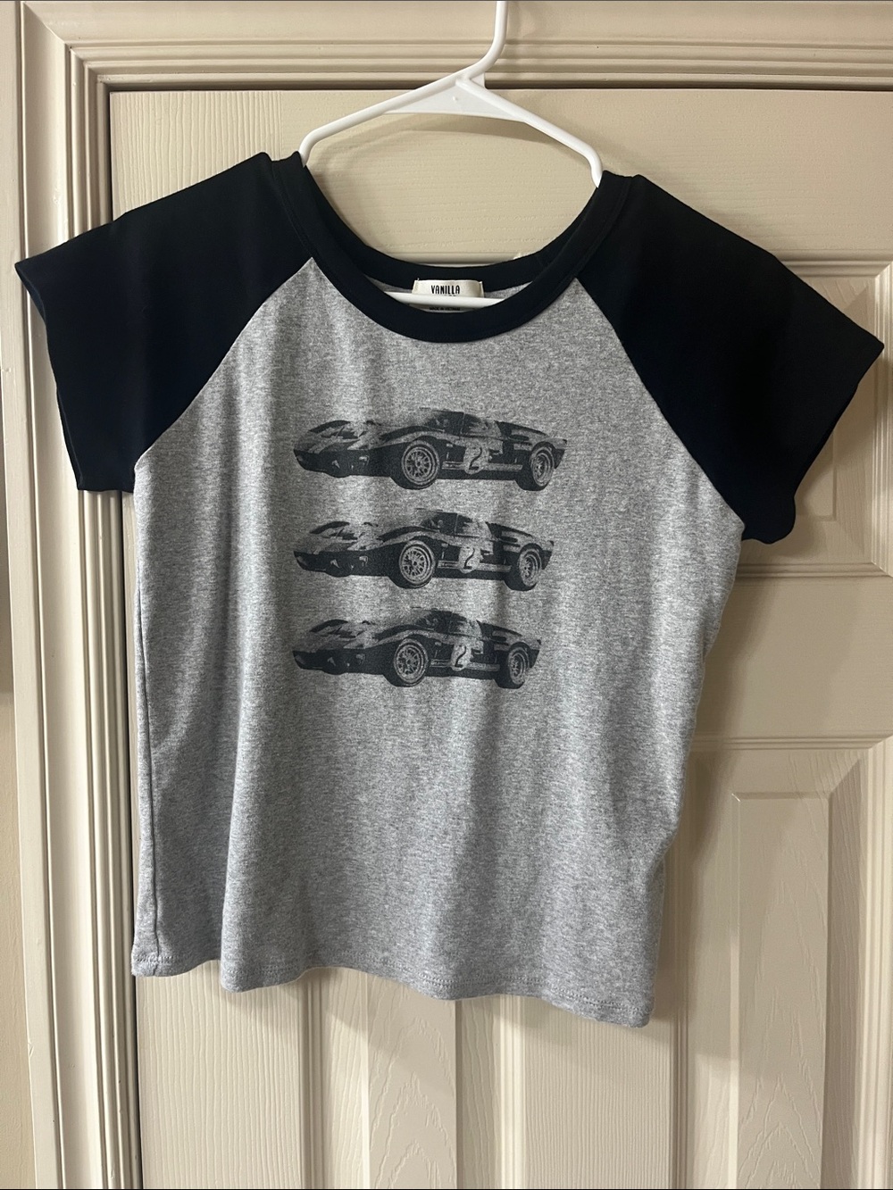 Grey & Black Raglan Crop Top with Car Graphic